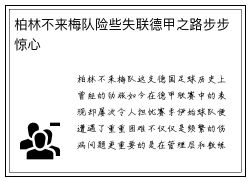 柏林不来梅队险些失联德甲之路步步惊心